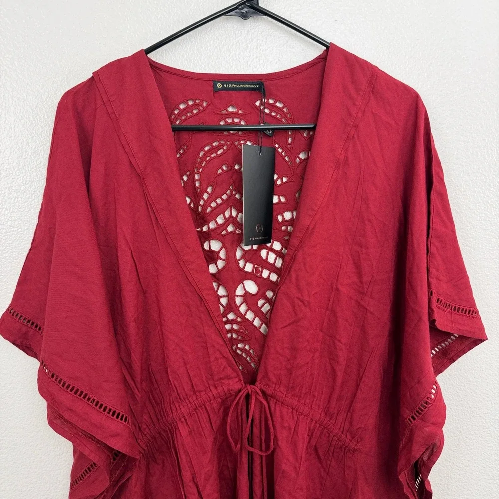 ViX Paula Hermanny Kimono Womens Medium Red Solid Embroidery Cover Up Swim